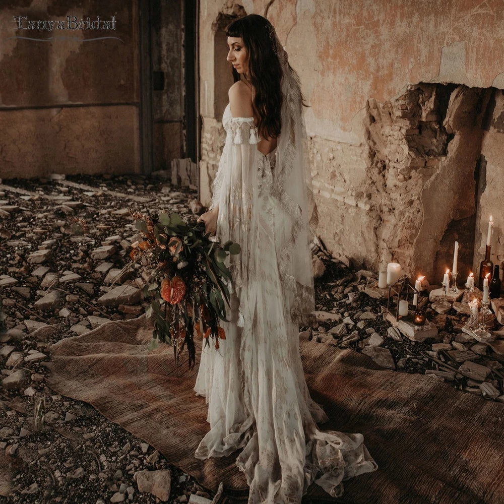 boho grunge wedding dress Hayley Lace and Crepe Wedding Dress with Cape Sleeves | Our Beloved Bestseller
