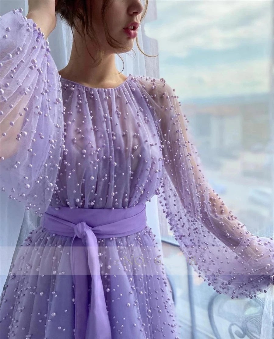 O-neck Long Sleeves Pearl Crystal Prom Dress with Sash – TANYA BRIDAL