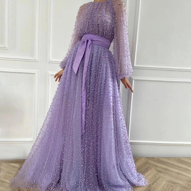 O-neck Long Sleeves Pearl Crystal Prom Dress with Sash