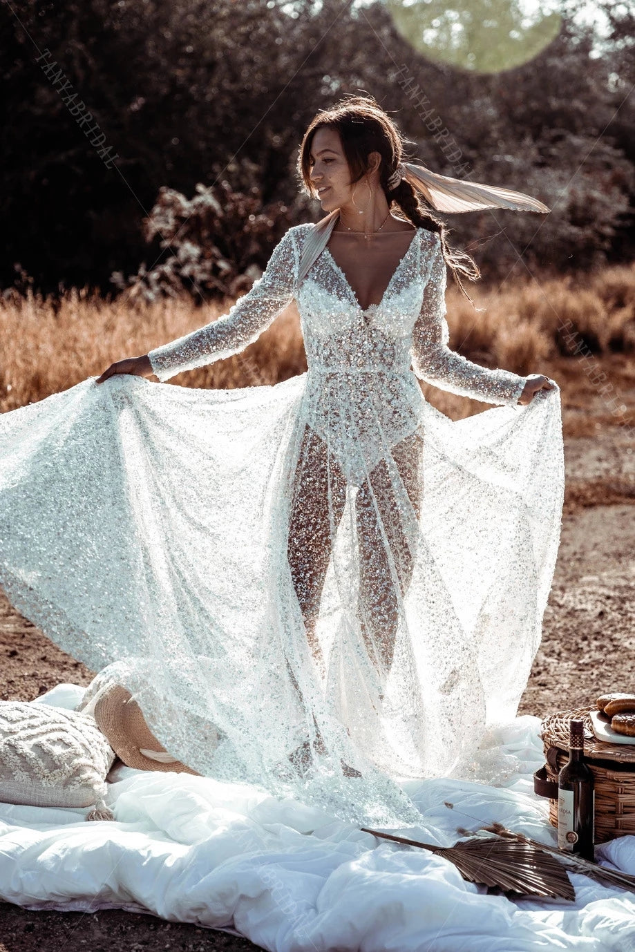 Gorgeous Long Sleeve See through V-Neck BacklessWedding Dresses DW491 –  TANYA BRIDAL