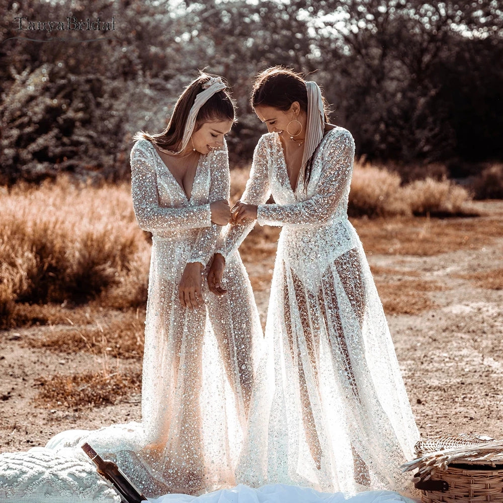 see through wedding dress Gorgeous Long Sleeve See through V-Neck BacklessWedding Dresses DW491 – TANYA BRIDAL