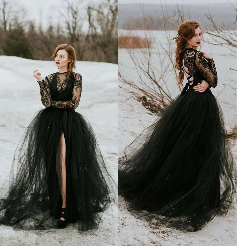 Gothic Bride Design Black Wedding Dresses Lace Long Sleeve – TANYA