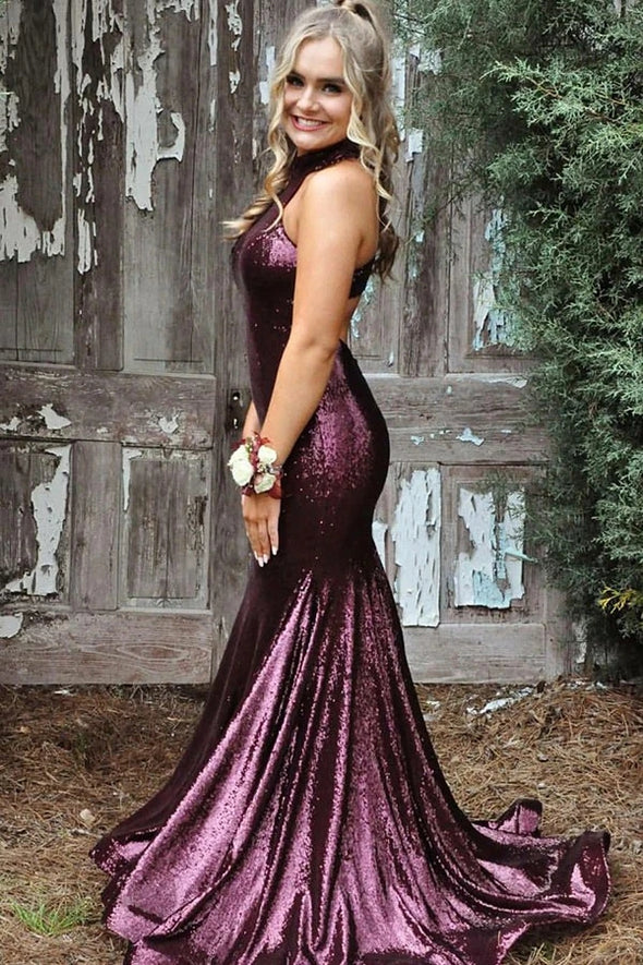 Buy Grape High Neck Sequins Mermaid Prom Party Dress TB1335