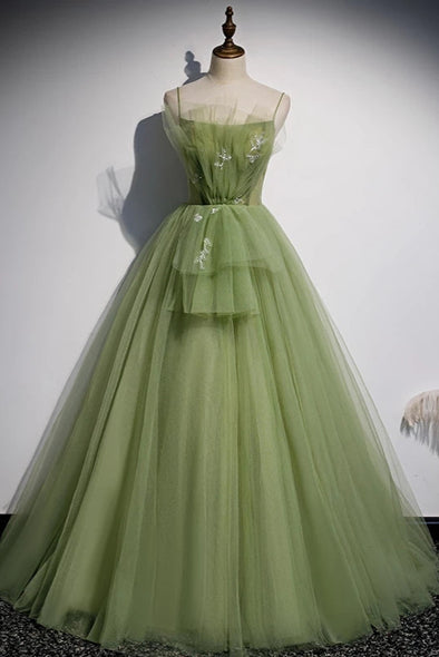 A Line Sage Green Tulle Pleated Prom Evening Dress
