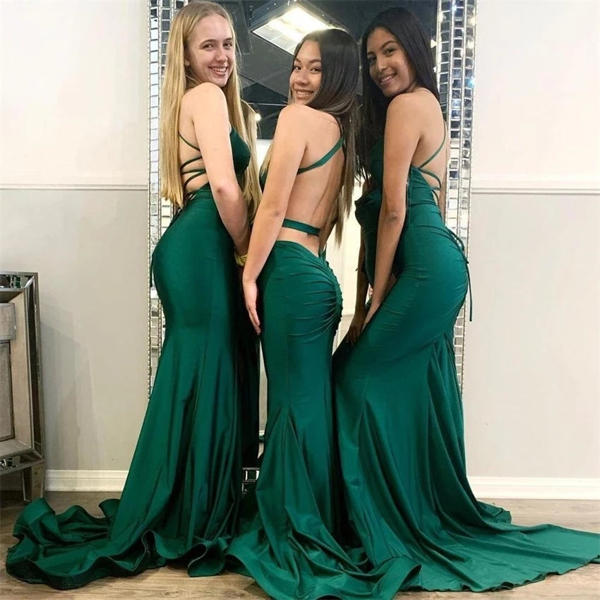Green Mermaid Bridesmaid Dress Spaghetti Straps Backless – TANYA BRIDAL