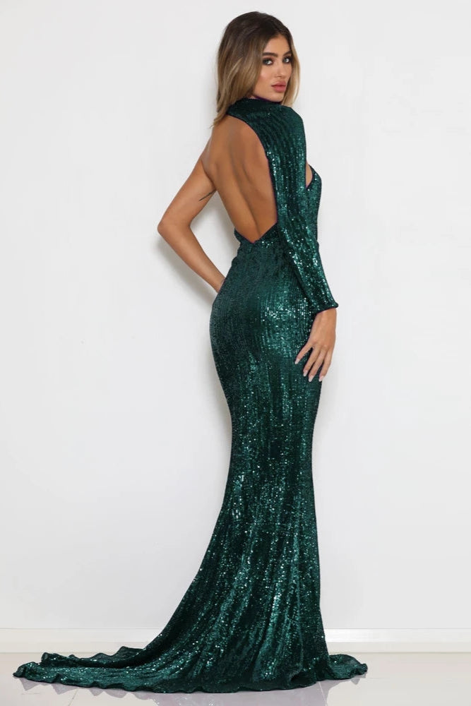green sequin dress maxi Green Sequined One Shoulder Stretchy Maxi Single Sleeve Evening Dress –  TANYA BRIDAL