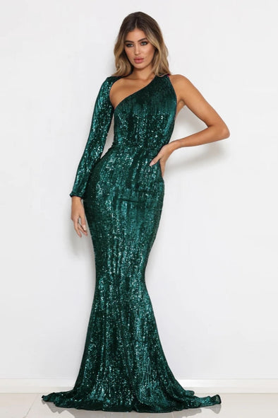 Green Sequined One Shoulder Stretchy Maxi Single Sleeve Evening Dress