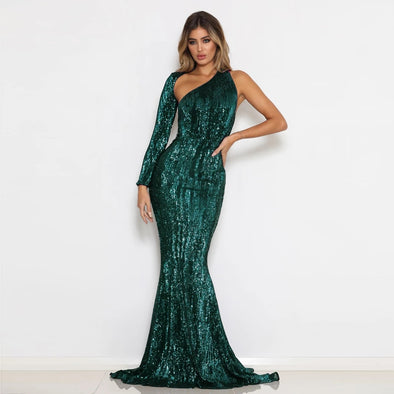 Green Sequined One Shoulder Stretchy Maxi Single Sleeve Evening Party Dress