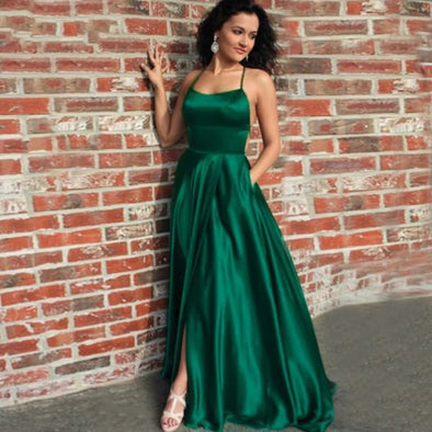 Green A Line Backless Satin Simple Prom Dresses