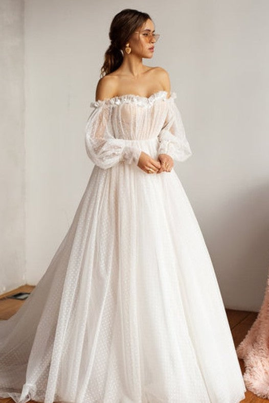 Lantern Sleeves Off Shoulder A Line Wedding Gown With Dots TANYA BRIDAL Lantern Sleeves Off Shoulder A Line Wedding Gown With Dots TANYA BRIDAL