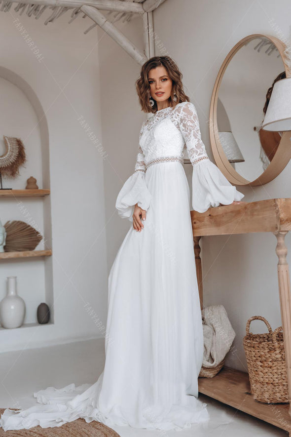 Chiffon A Line Wedding Dresses Long Sleeve Bohemian Beach Bridal Gowns ZW403