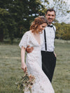 V-Neck Lace Wedding Dresses Mermaid Flare Sleeve Backless Bridal Gowns ZW406