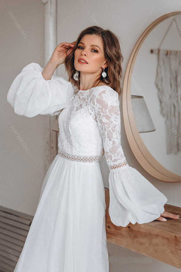 Chiffon A Line Wedding Dresses Long Sleeve Bohemian Beach Bridal Gowns ZW403