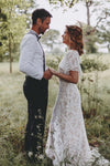 V-Neck Lace Wedding Dresses Mermaid Flare Sleeve Backless Bridal Gowns ZW406