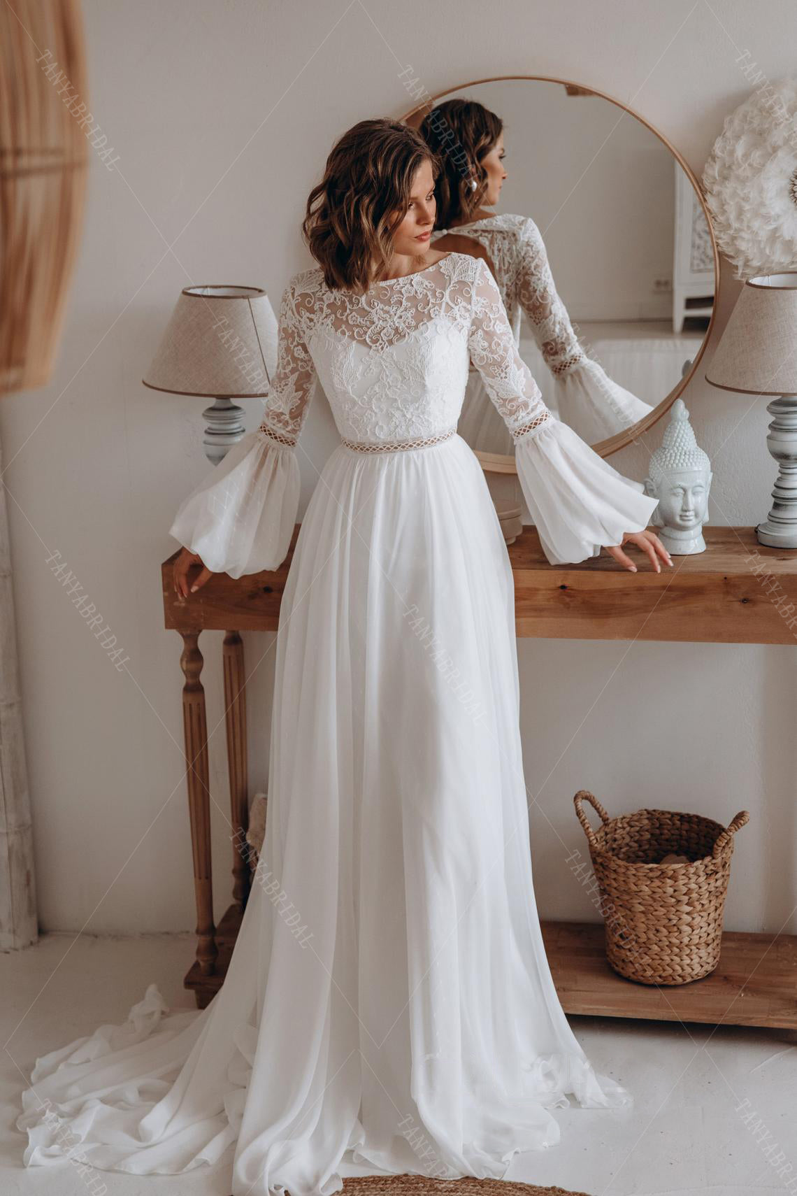 Chiffon A Line Wedding Dresses Long Sleeve Bohemian Beach Bridal Gowns TANYA BRIDAL Chiffon A Line Wedding Dresses Long Sleeve Bohemian Beach Bridal Gowns TANYA BRIDAL