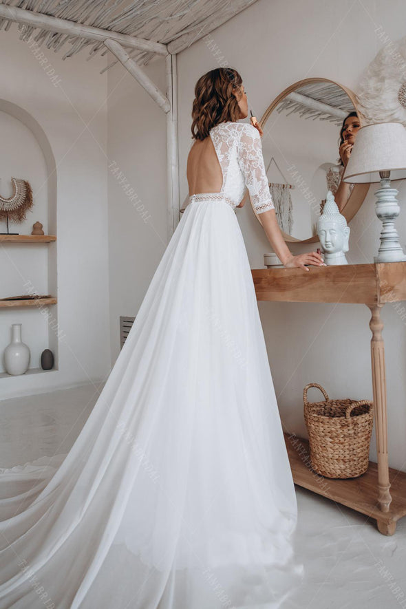 Chiffon A Line Wedding Dresses Long Sleeve Bohemian Beach Bridal Gowns ZW403