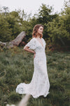 V-Neck Lace Wedding Dresses Mermaid Flare Sleeve Backless Bridal Gowns ZW406