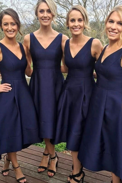 Nave Blue Bridesmaid Dresses High Low Deep V Neck