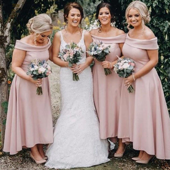 Off The Shoulder Tea Length Pink Bridesmaid Dresses