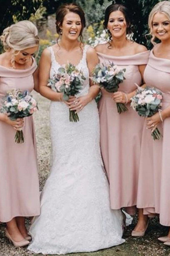 Off The Shoulder Tea Length Pink Bridesmaid Dresses