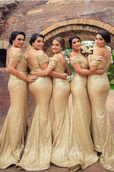 Mermaid Gold Bridesmaid Dresses Off The Shoulder