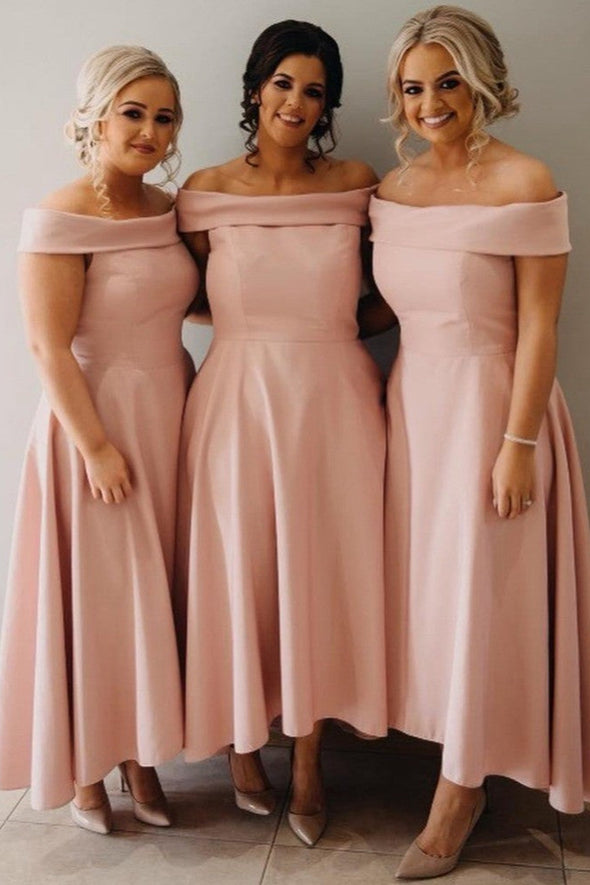 Off The Shoulder Tea Length Pink Bridesmaid Dresses