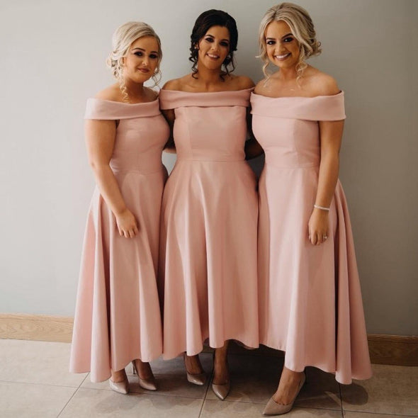 Off The Shoulder Tea Length Pink Bridesmaid Dresses