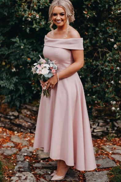 Off The Shoulder Tea Length Pink Bridesmaid Dresses