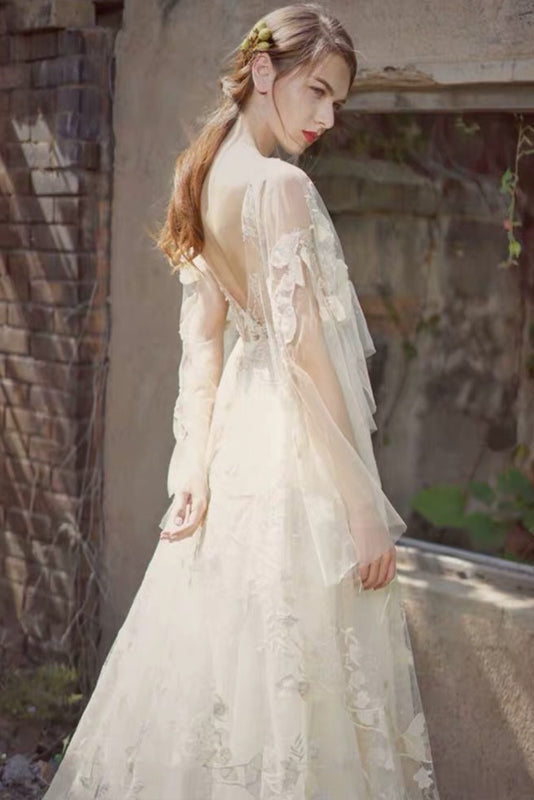 illusion v neck lace and mesh dress June Bridals Romantic V-neck Sleeveless Ethereal Illusion Straps Floor-length Lace Petals Mesh Women's Wedding Dress Beach