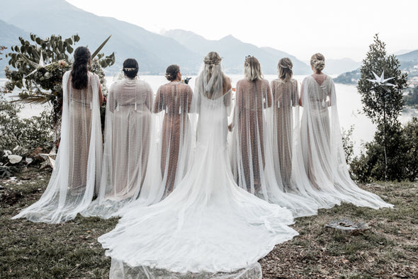Striking Pearls Wedding Cape Illusion Tulle Bridal Shawl Elegant Long Jacket coprispalle bolero novia 2m length