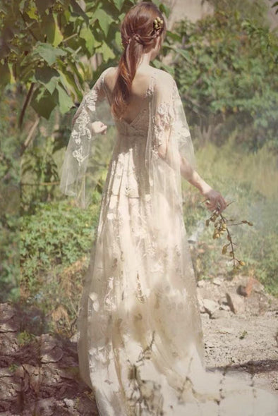 Illusion V-Neck Chic Lace Bohemian Wedding Dresses