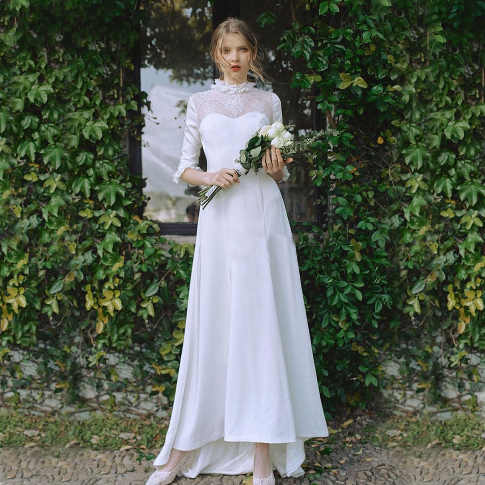 Half Sleeve High-Low Wedding Dresses Satin Korea Engagement Dresses ZW399 - Half Sleeve High-Low Wedding Dresses Satin Korea Engagement Dresses ZW399 -