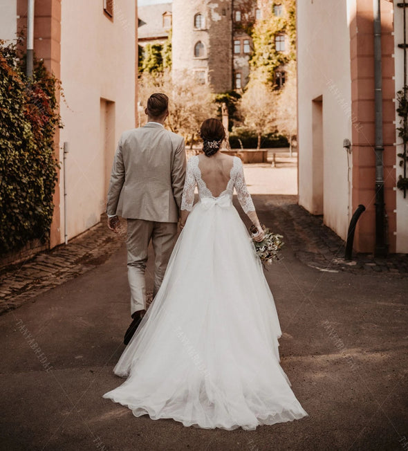 Half Sleeve Lace Wedding Dresses Deep V-Neck Chic ZW467