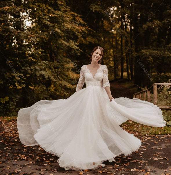 Half Sleeve Lace Wedding Dresses Deep V-Neck Chic ZW467