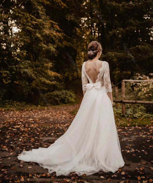 Half Sleeve Lace Wedding Dresses Deep V-Neck Chic ZW467