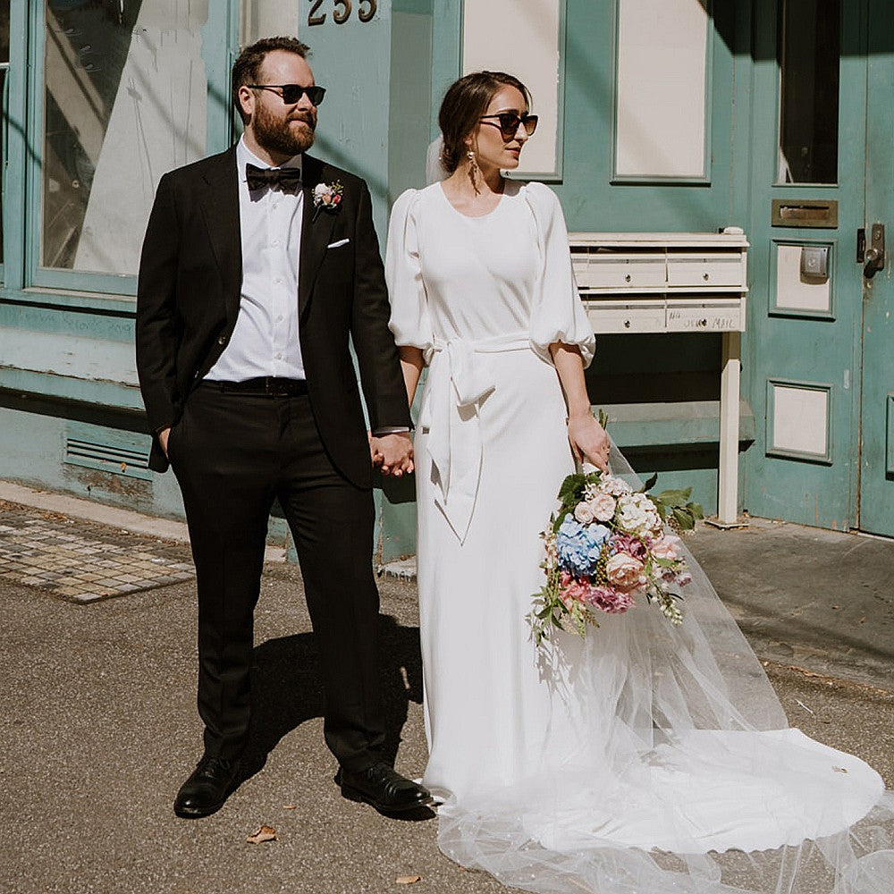 Half Sleeve Soft Satin Wedding Dresses O-Neck Simple Elegant Bridal Go TANYA BRIDAL Half Sleeve Soft Satin Wedding Dresses O-Neck Simple Elegant Bridal Go TANYA BRIDAL