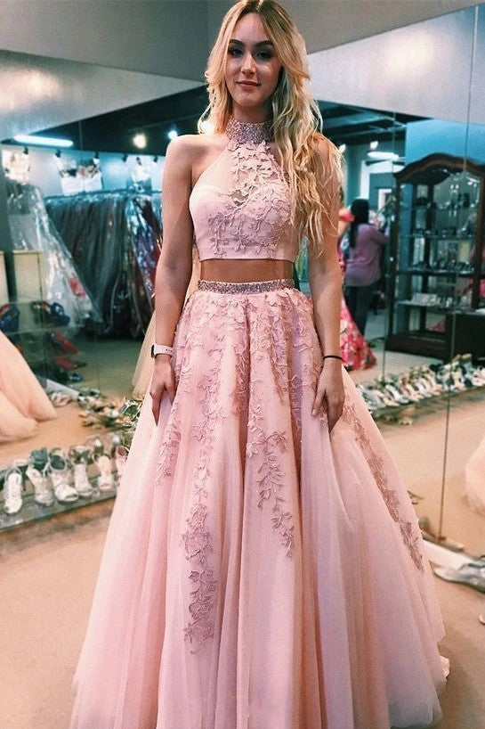 Halter Two Piece Pink Tulle Prom Dress With Beaded Appliques TB1358