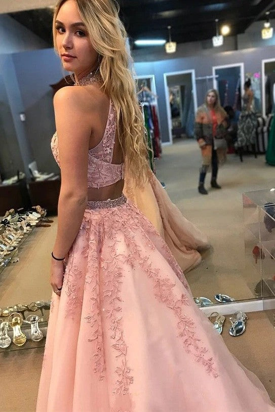 Halter Two Piece Pink Tulle Prom Dress With Beaded Appliques TB1358