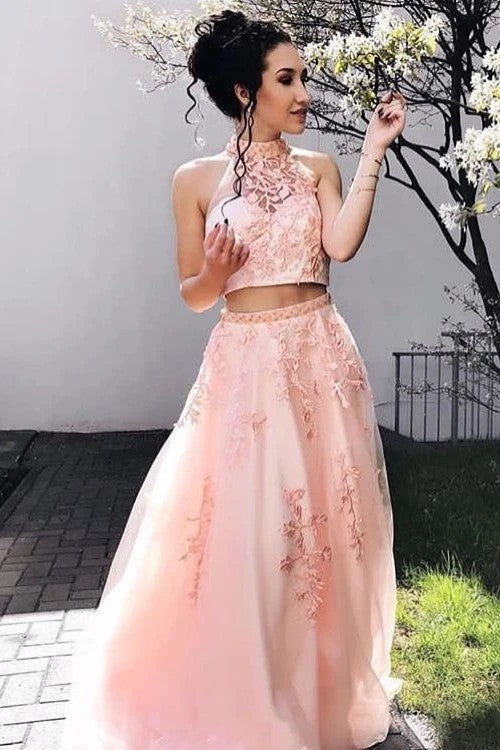 Halter Two Piece Pink Tulle Prom Dress With Beaded Appliques TB1358 TANYA BRIDAL Halter Two Piece Pink Tulle Prom Dress With Beaded Appliques TB1358 TANYA BRIDAL