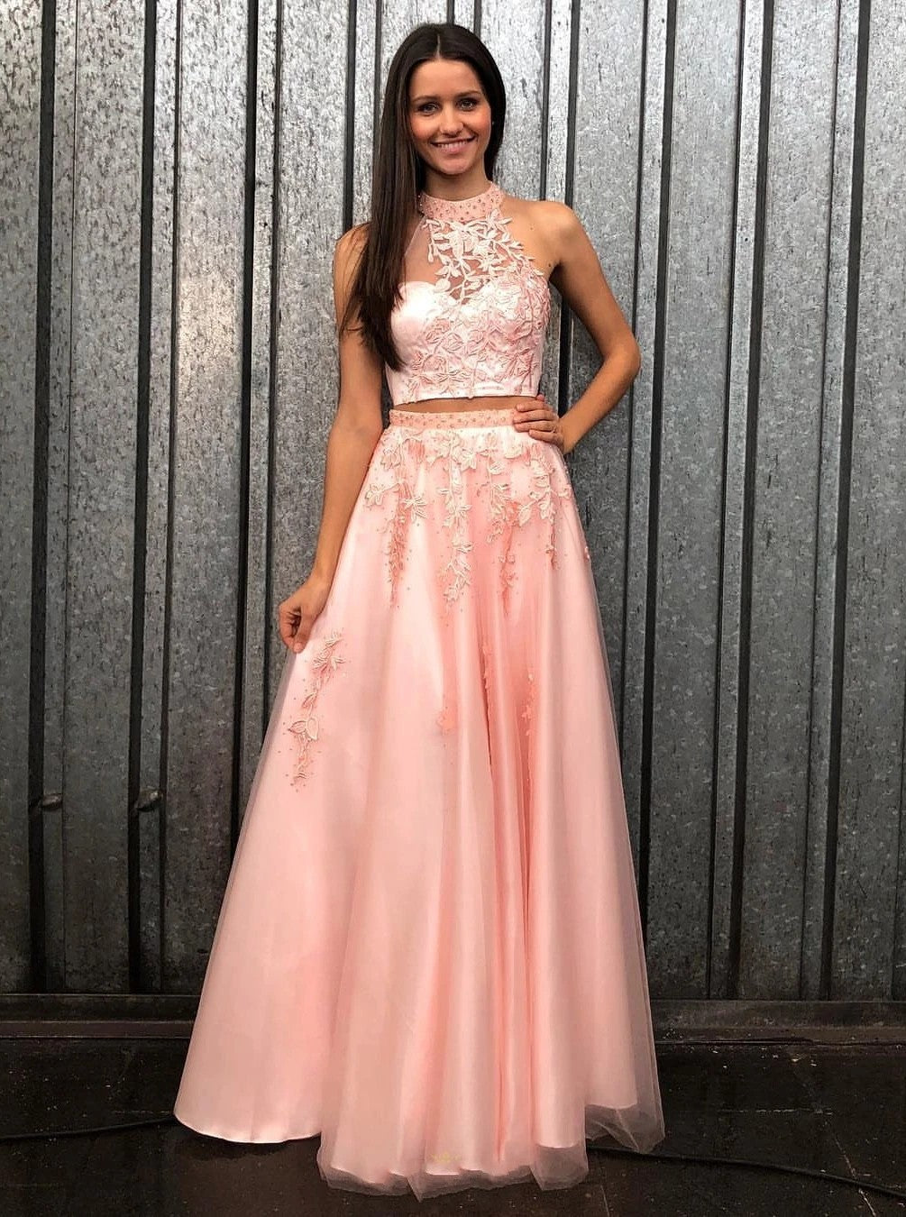 Halter Two Piece Pink Tulle Prom Dress With Beaded Appliques TB1358