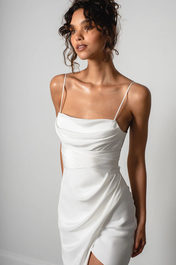 Simple Draped Wedding Dresses Crepe Silk Satin Boho Bridal Gown Split ZW559