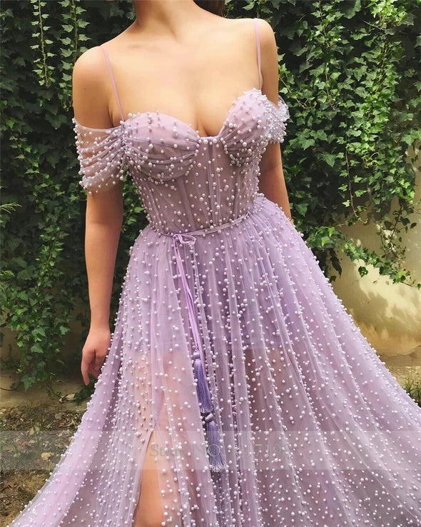 Handmade Heavy Pearls Sweetheart A-line Lilac Prom Dresses High Slit Women Formal Evening Gowns robes de soirée