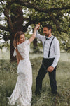 V-Neck Lace Wedding Dresses Mermaid Flare Sleeve Backless Bridal Gowns ZW406