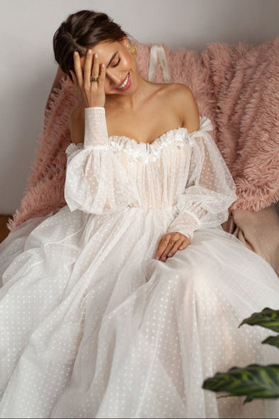 Lantern Sleeves Off Shoulder A Line Wedding Gown With Dots