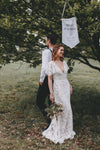 V-Neck Lace Wedding Dresses Mermaid Flare Sleeve Backless Bridal Gowns ZW406