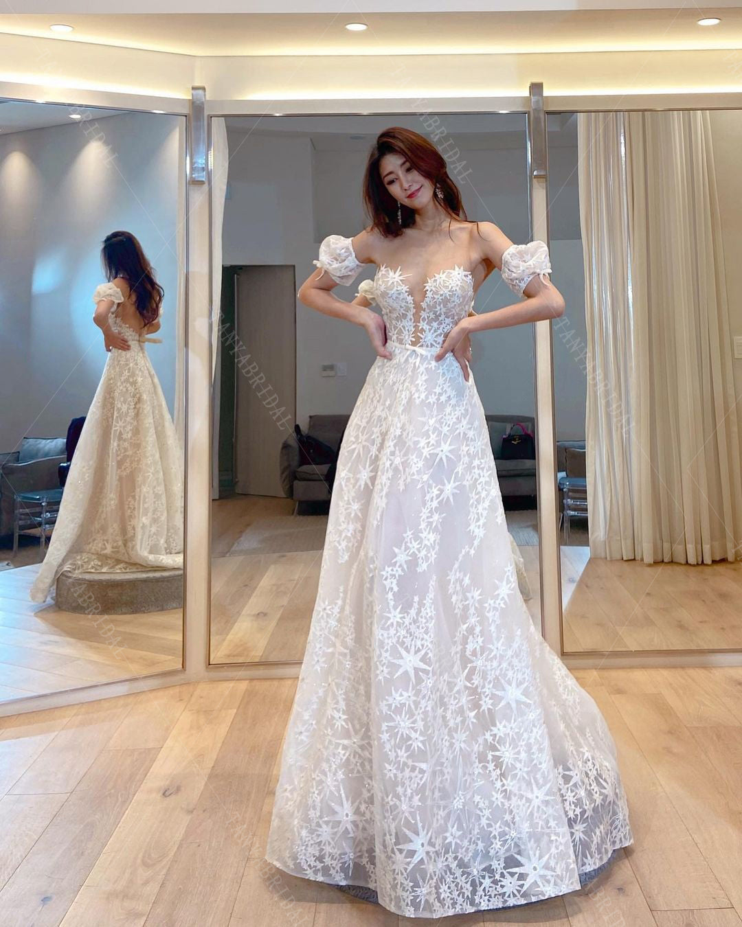 star lace wedding dress A-line Spaghetti Straps Rustic Wedding Dresses Star Decoration Bridal SELINADRESS