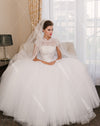 High Neck Wedding Ball Gowns Tulle Skirts Cap Sleeve Floor Length Country Bridal Gowns Elegant Noivas DW330