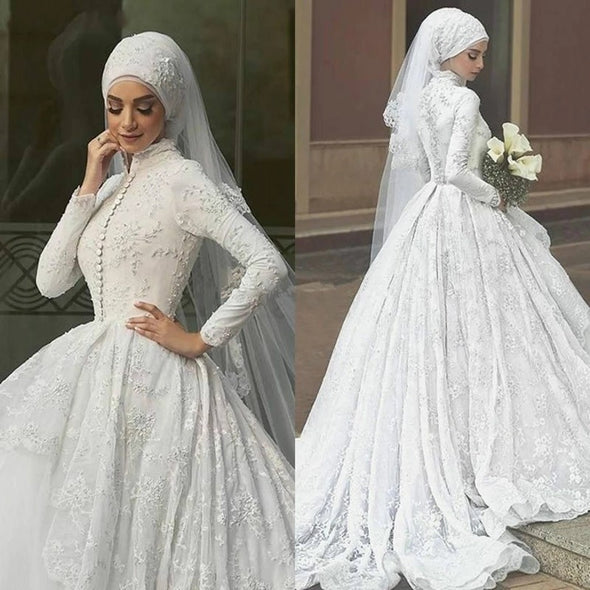 Long Sleeve Muslim Wedding Dress with Hijab TBW73