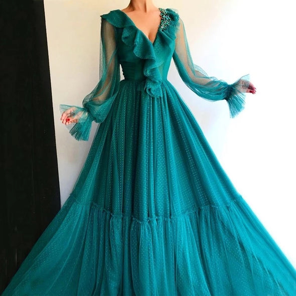 Teal Full Sleeves Evening Dresses Long TBE929927