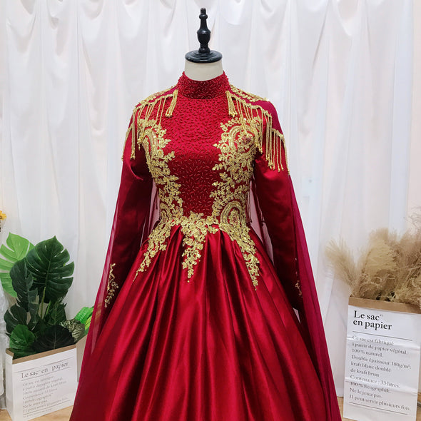 Wine Red Long Sleeve Wedding Dresses Gold Lace Appliques Muslim Kaftan Bridal Gowns DW131